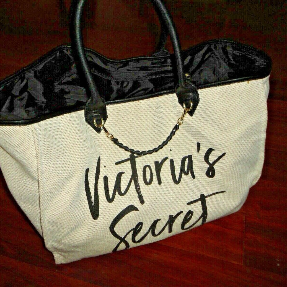 VICTORIA'S SECRET LOVE LARGE BLACK & CREAM CANVAS TOTE BAG 15 X 12 10